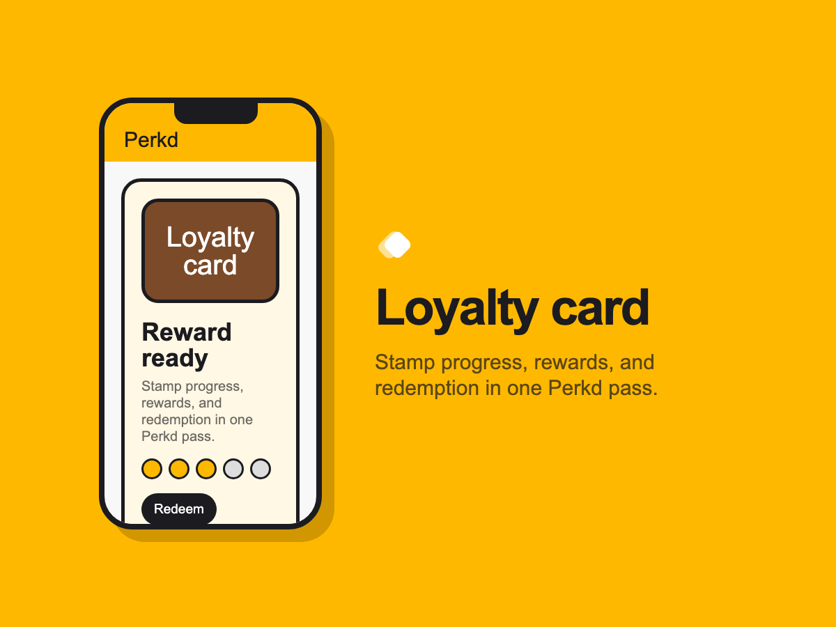 Perkd loyalty card UI with stamp progress and reward redemption